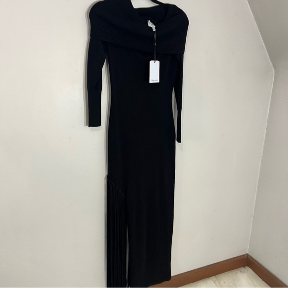 NWT Solgo Atelier Peris Cashmere Dress | Black Cashmere Long Sleeve Maxi Fringe - Picture 6 of 11